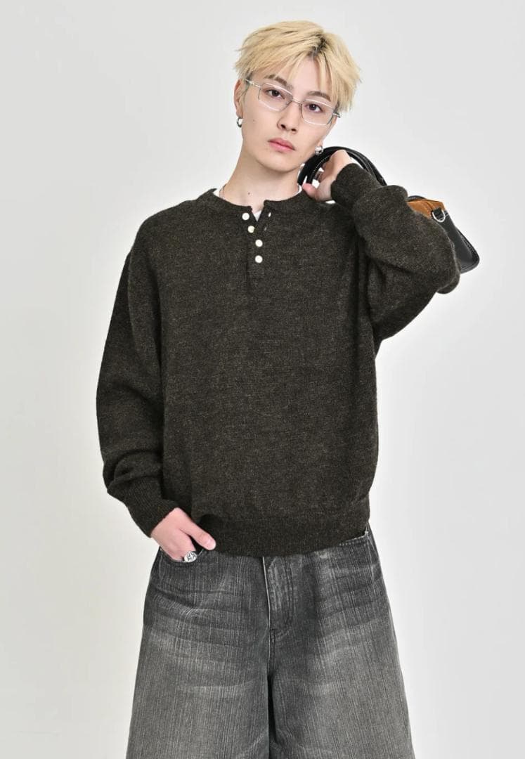 L2143 ウールブレンドヘンリーネックニット M（brown） 地底人 - メルカリ