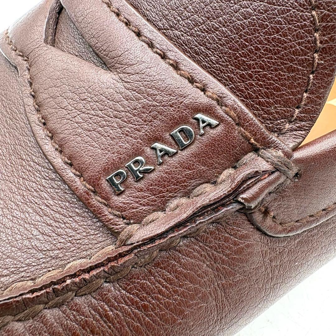 美品✨ PRADA 銀ロゴ ドライビング コインローファー 【7】 茶 シボ