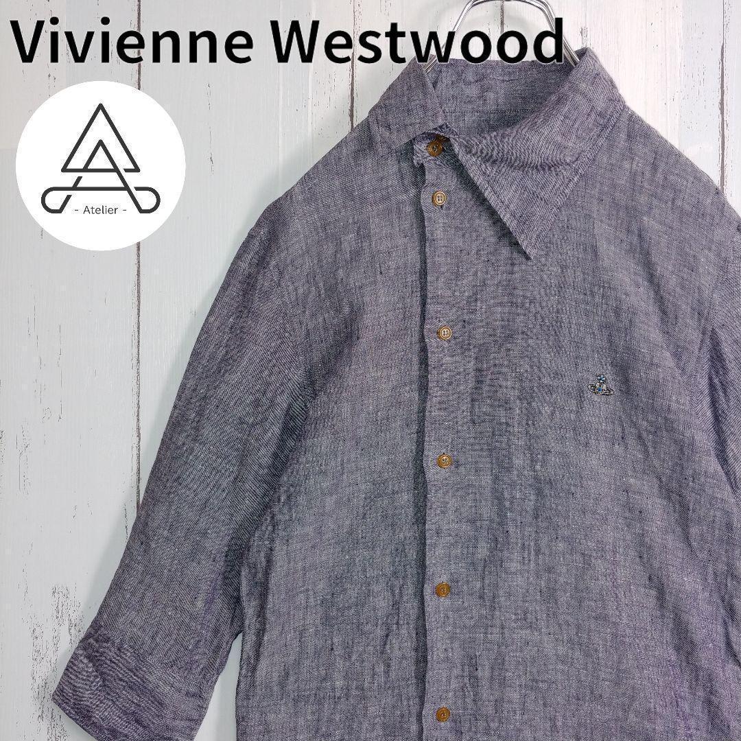 【希少モデル】ヴィヴィアン・ウエストウッド 変則シャツ くすみグレー 刺繍ロゴM ヴィヴィアンウエストウッド 長袖シャツ 総柄 メンズ SIZE 46 VIVIENNE
