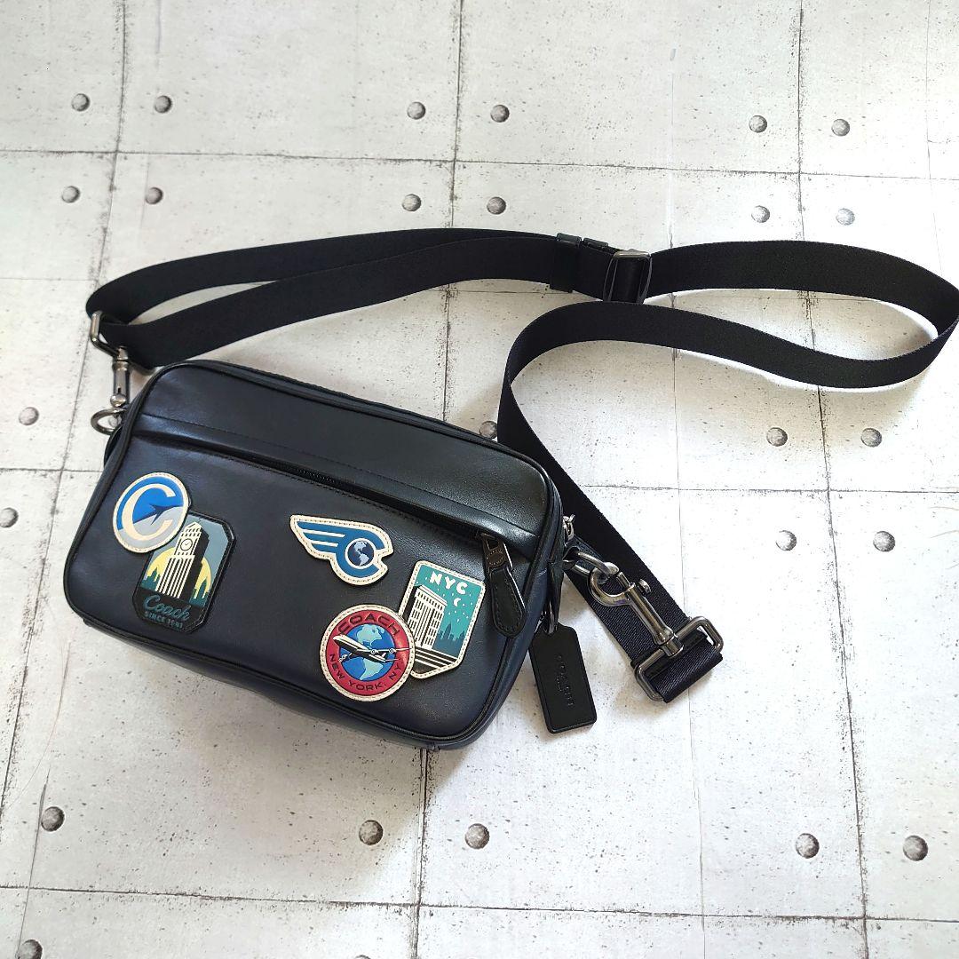 COACHショルダーバッグ ワッペン刺繍NYレザーネイビー黒 - メルカリ