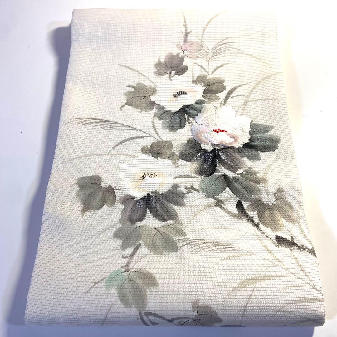 5k897 名古屋帯　絹　夏帯　夏物　絽　落款　旭峯　手書き　蘇州刺繍　白　花柄