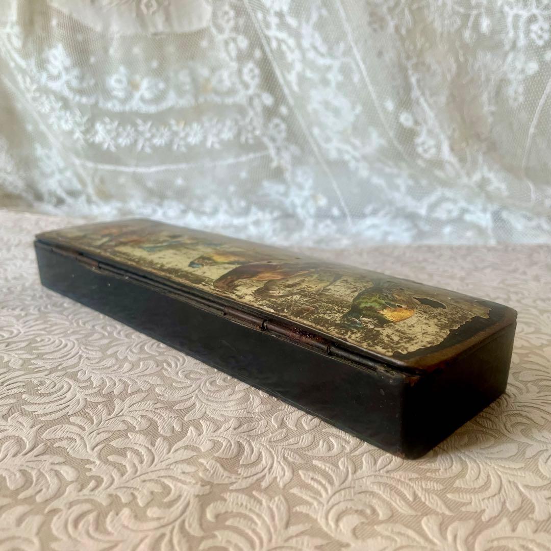 パピエマシェ小鳥柄ペンケース 筆箱 フランスアンティーク 雀 スズメ