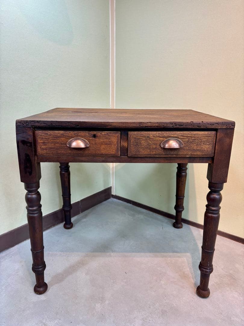 古家具 アンティーク机 2杯引き出し サイドテーブル ろくろ脚 無垢 0_cfc895fa4d1e9252f9cd41145fd8
