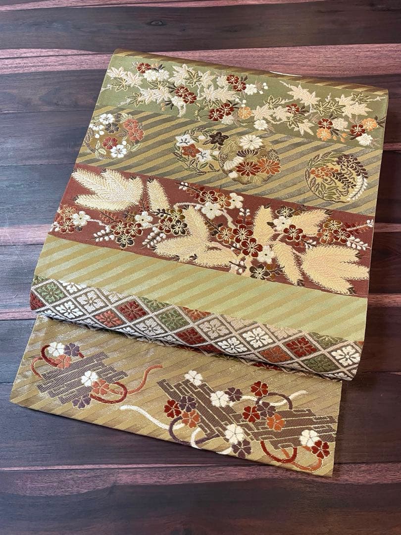 逸品＊西陣の名門 加納幸謹製 正絹 唐織 六通柄袋帯 横段若松花文 金糸