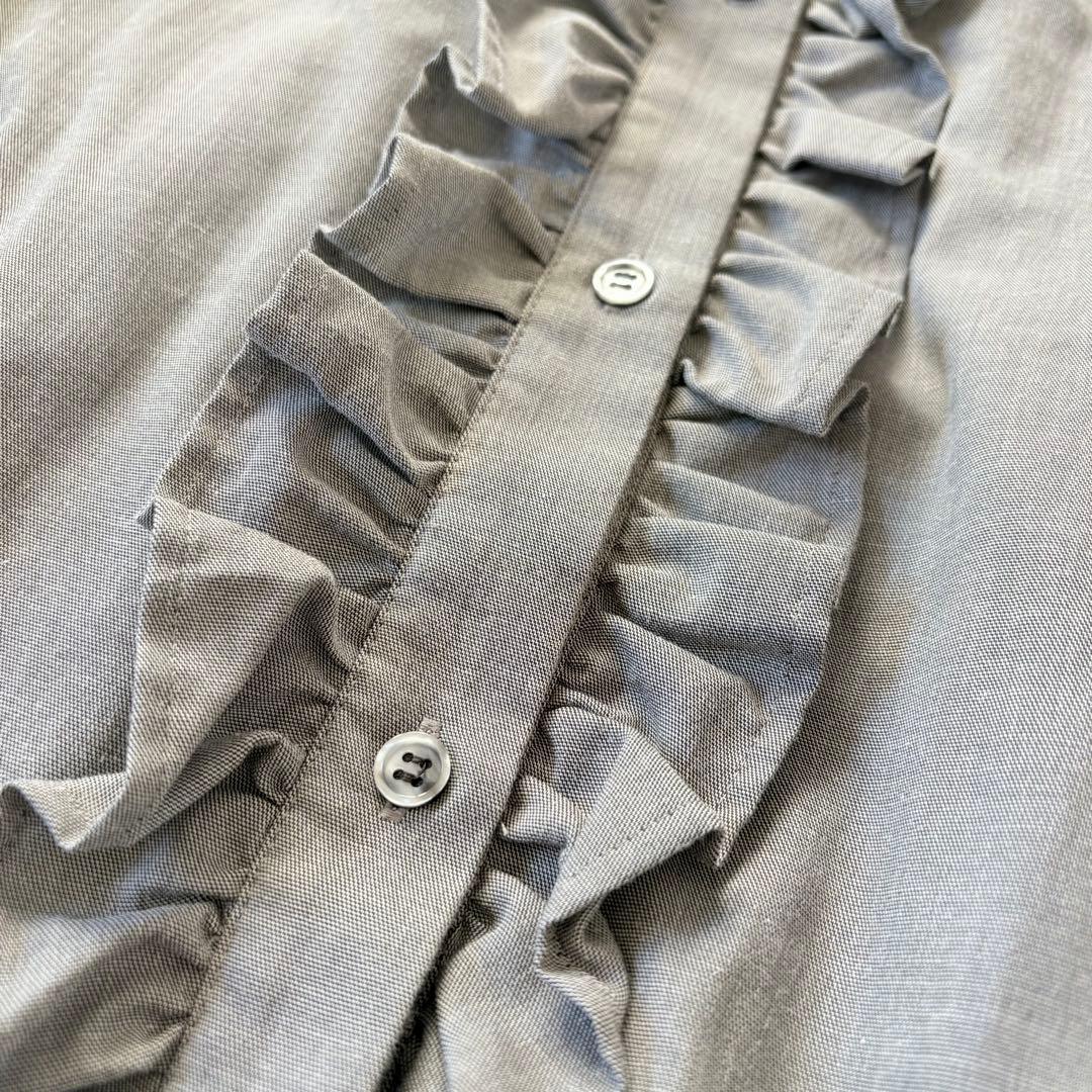 オーガ フリルシャツ ノーカラー ラウンドヘム サイドスリット グレー