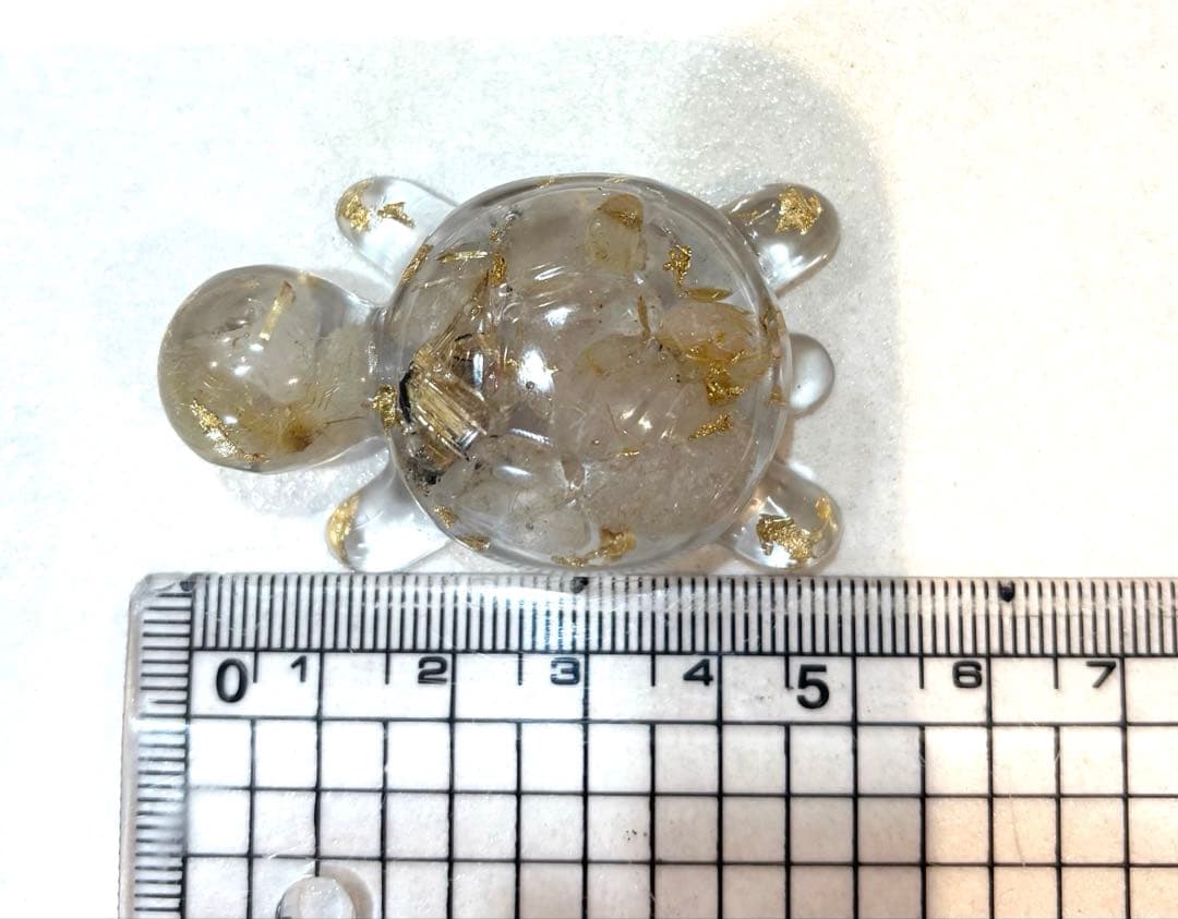 インテリア 金箔入りクリアレジン亀の置物 幸運オルゴナイト ルチル