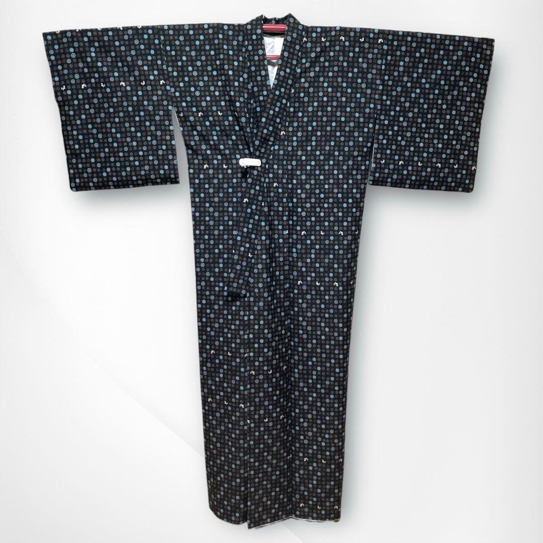 美品✨】東レシルック 京都小泉 洗える着物 小紋 黒色 水玉 蝶 日本製