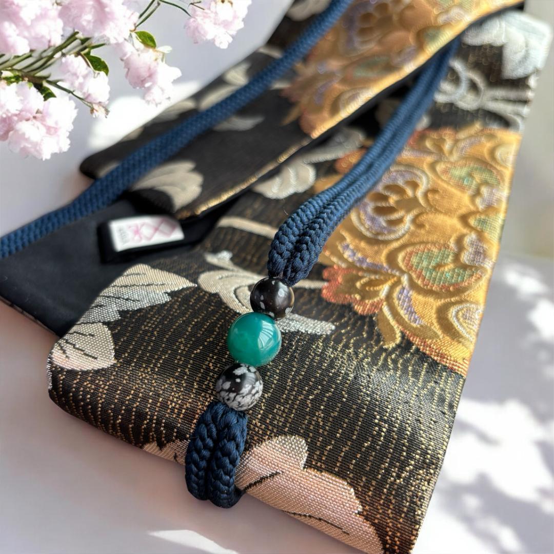 クロスサッシュベルト ロング＊帯締め一体型｜袋帯リメイク 華文 金 黒