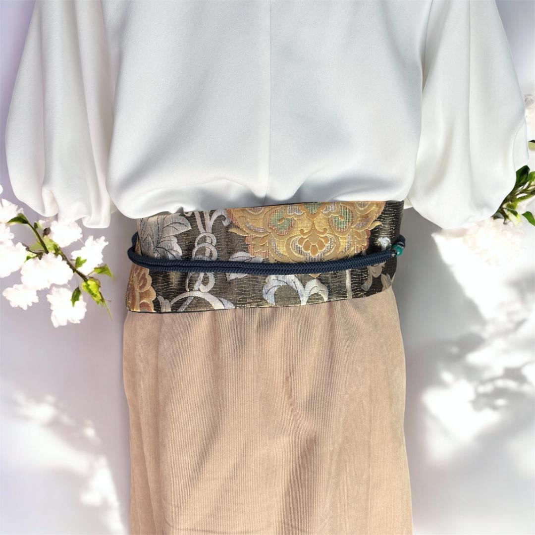 クロスサッシュベルト ロング＊帯締め一体型｜袋帯リメイク 華文 金 黒