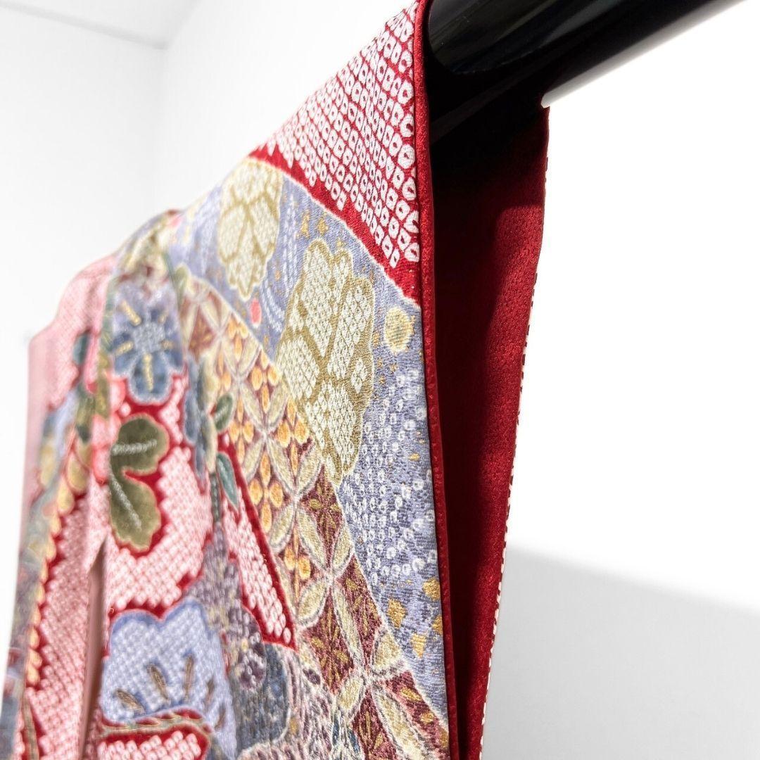 振袖 銀通し 金彩 辻ヶ花 鹿の子 牡丹 花模様 紅白 着物 121b p ms