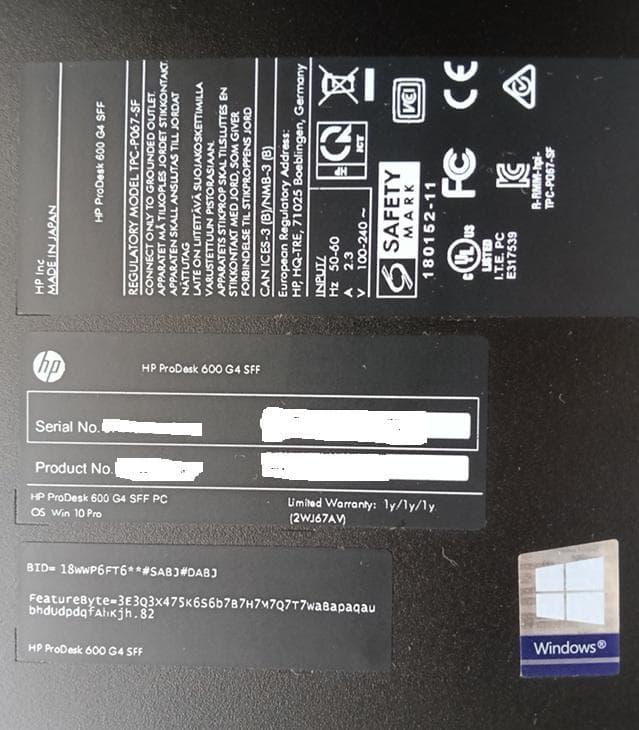 ミニPC HP Pro Desk 600 G4 SFF i5-8500 @ 3.00GHz