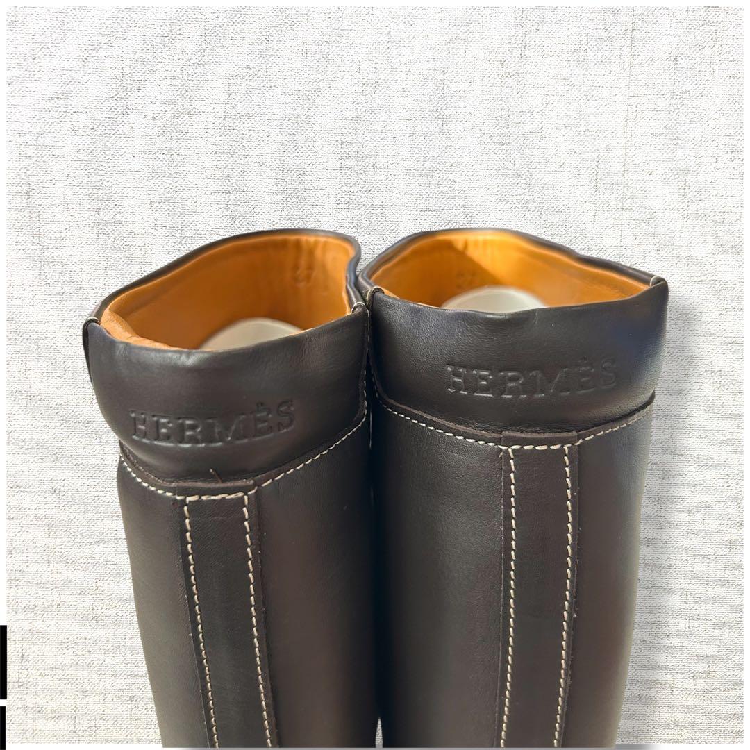 未使用級 ロゴ刻印 HERMES ロングブーツ レインブーツ オールレザー 37