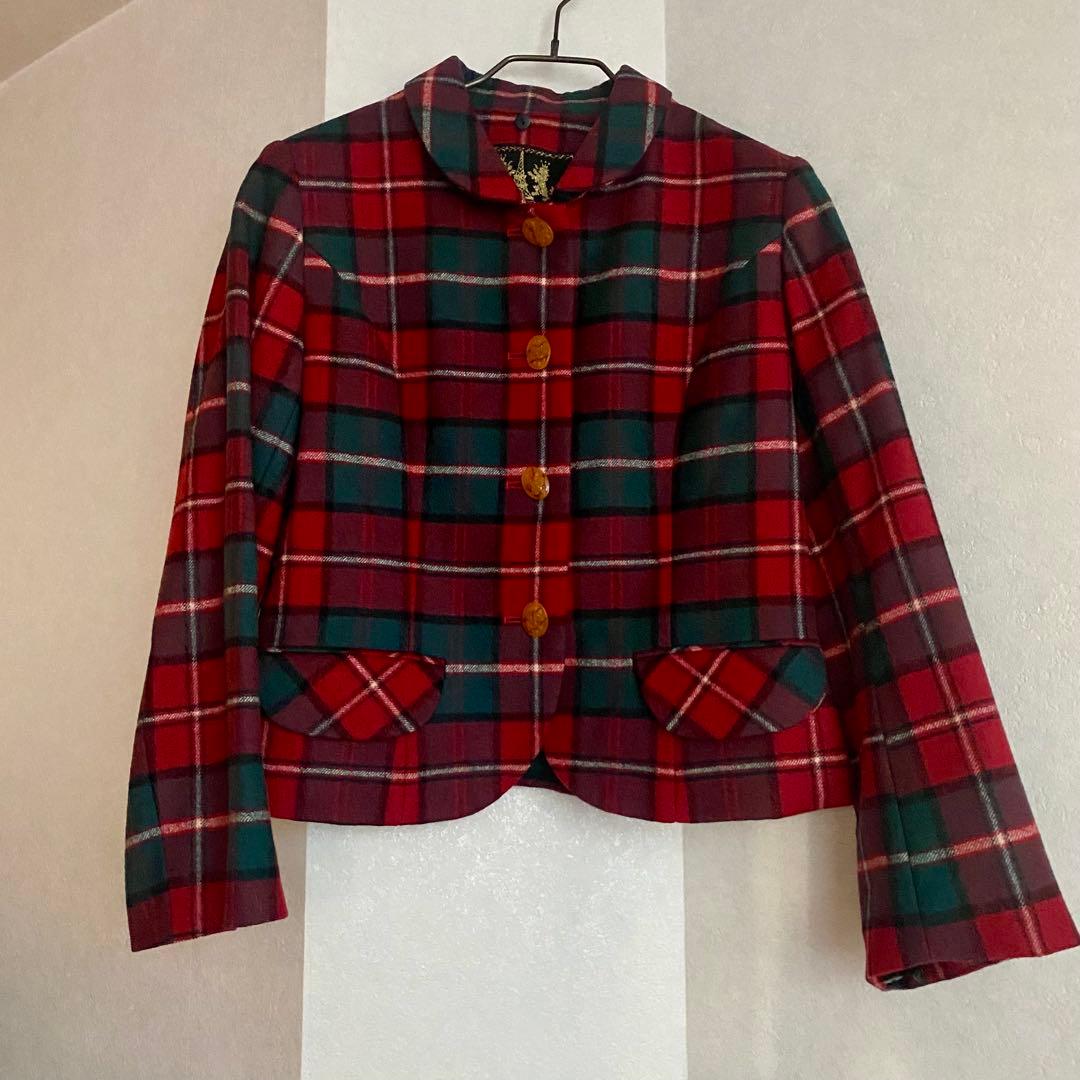 美品】ジェーンマープル タータンチェック ケープ ファー付き