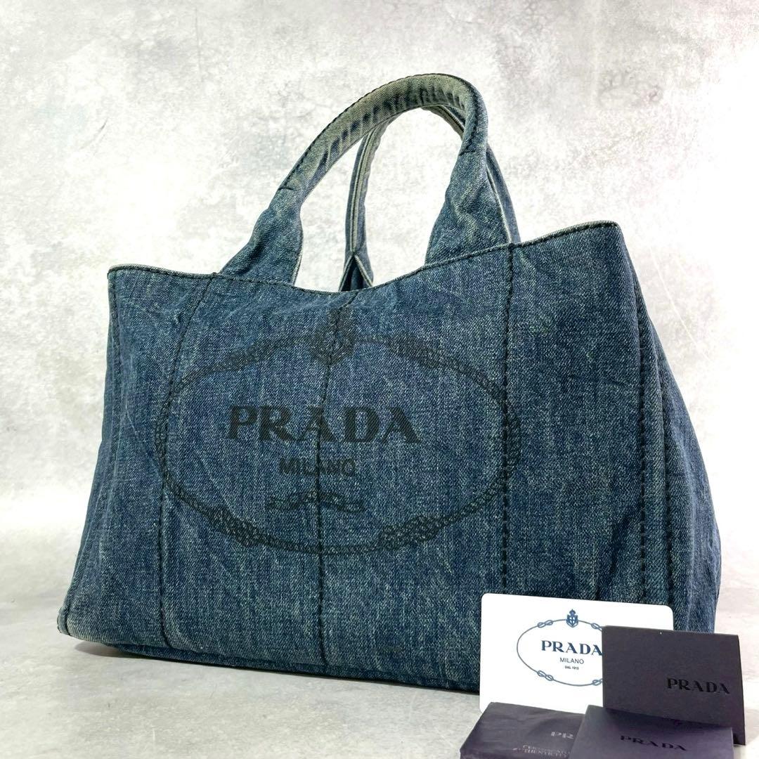 人気ギャラ付き✨プラダ カナパ デニム ハンドバッグ 三角ロゴプレート