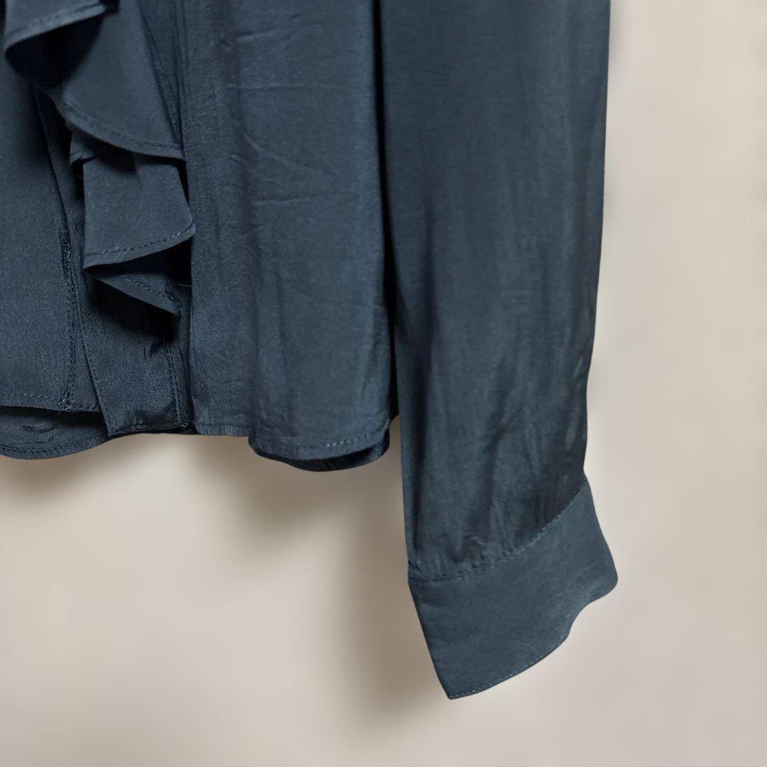 ZARA ザラ 訳あり ダークブルー フリル付き シャツ ブラウス 長袖 M