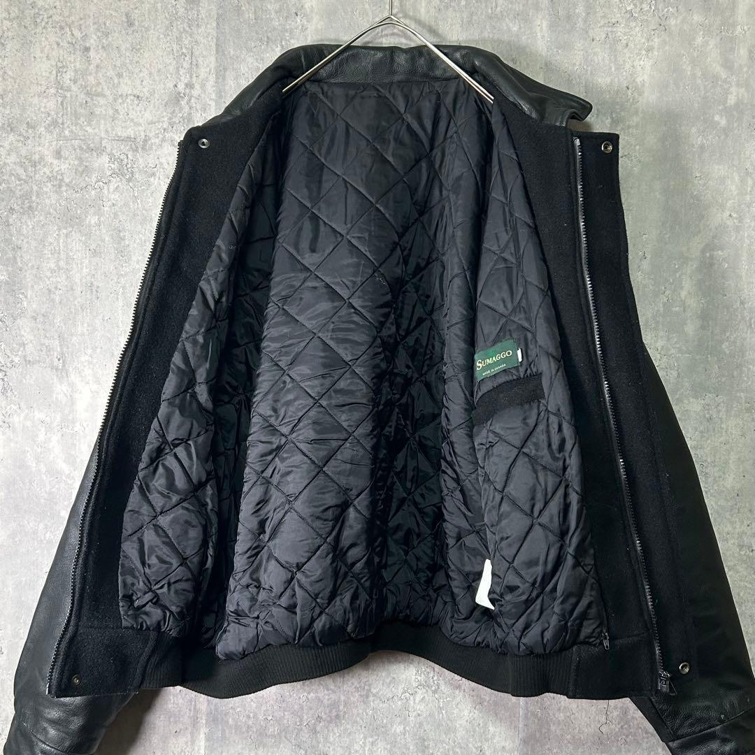 カナダ製 極上 レザー 企業刺繍ロゴ ウール スタジャン 中綿 黒 CANADA