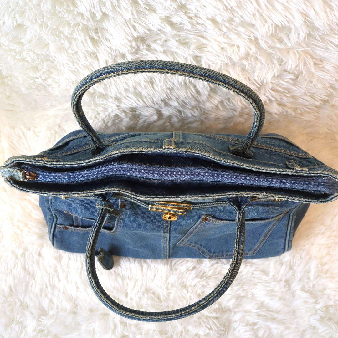 デニム ハンドバッグ ベルト リメイク ジーンズ 豹柄 鍵付 南京錠