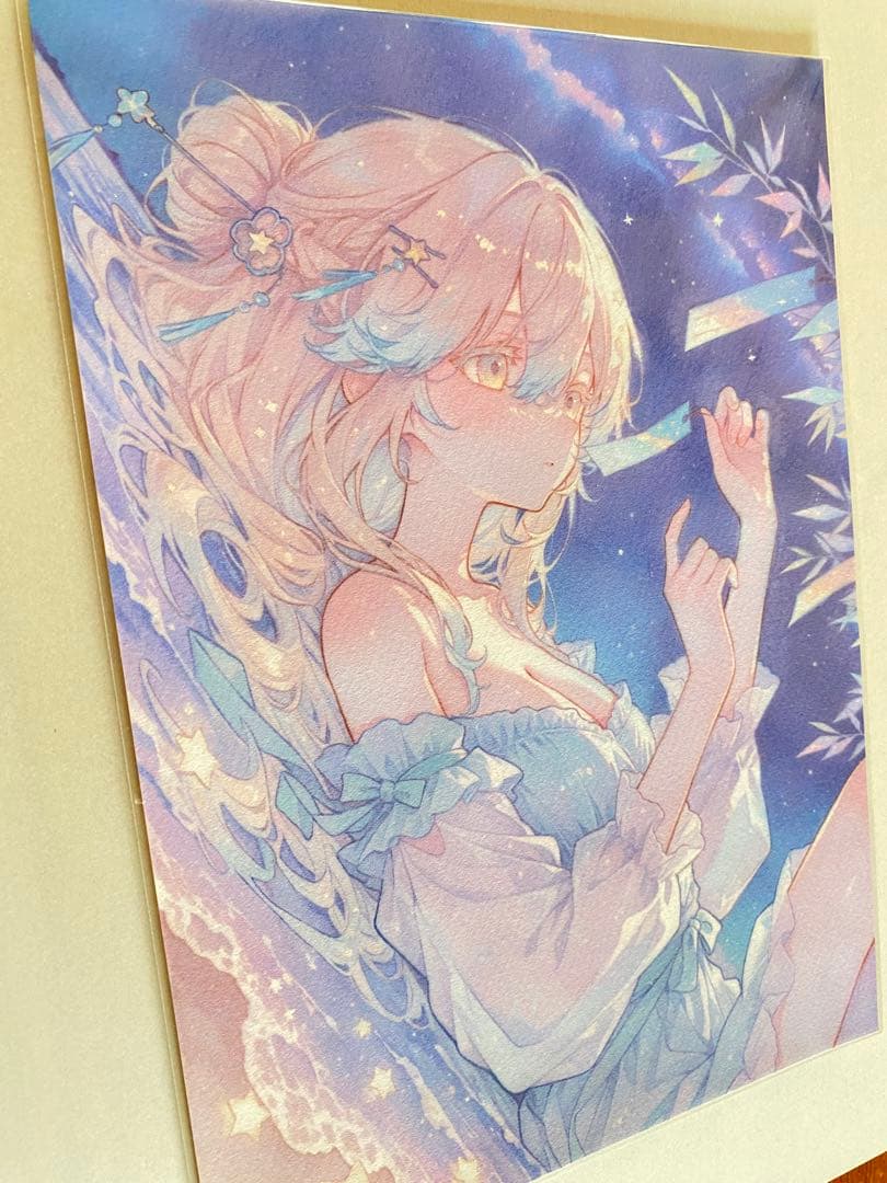 手描きイラスト　『Grant a wish』　オリジナル　創作　原画　少女　A4