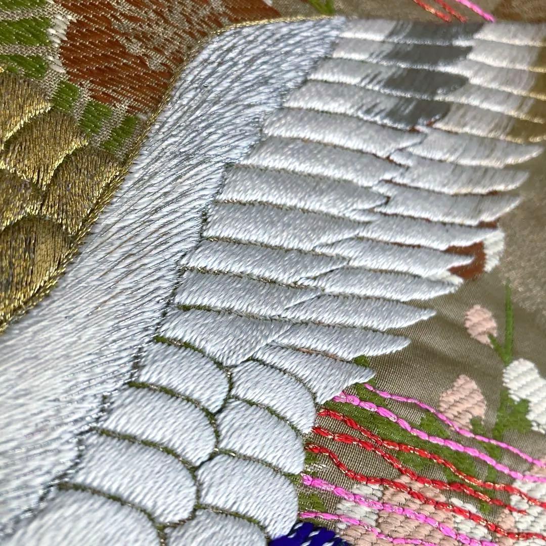 アンティーク名古屋帯　鶴の刺繍　金駒刺繍　上質　正絹　No.2-24