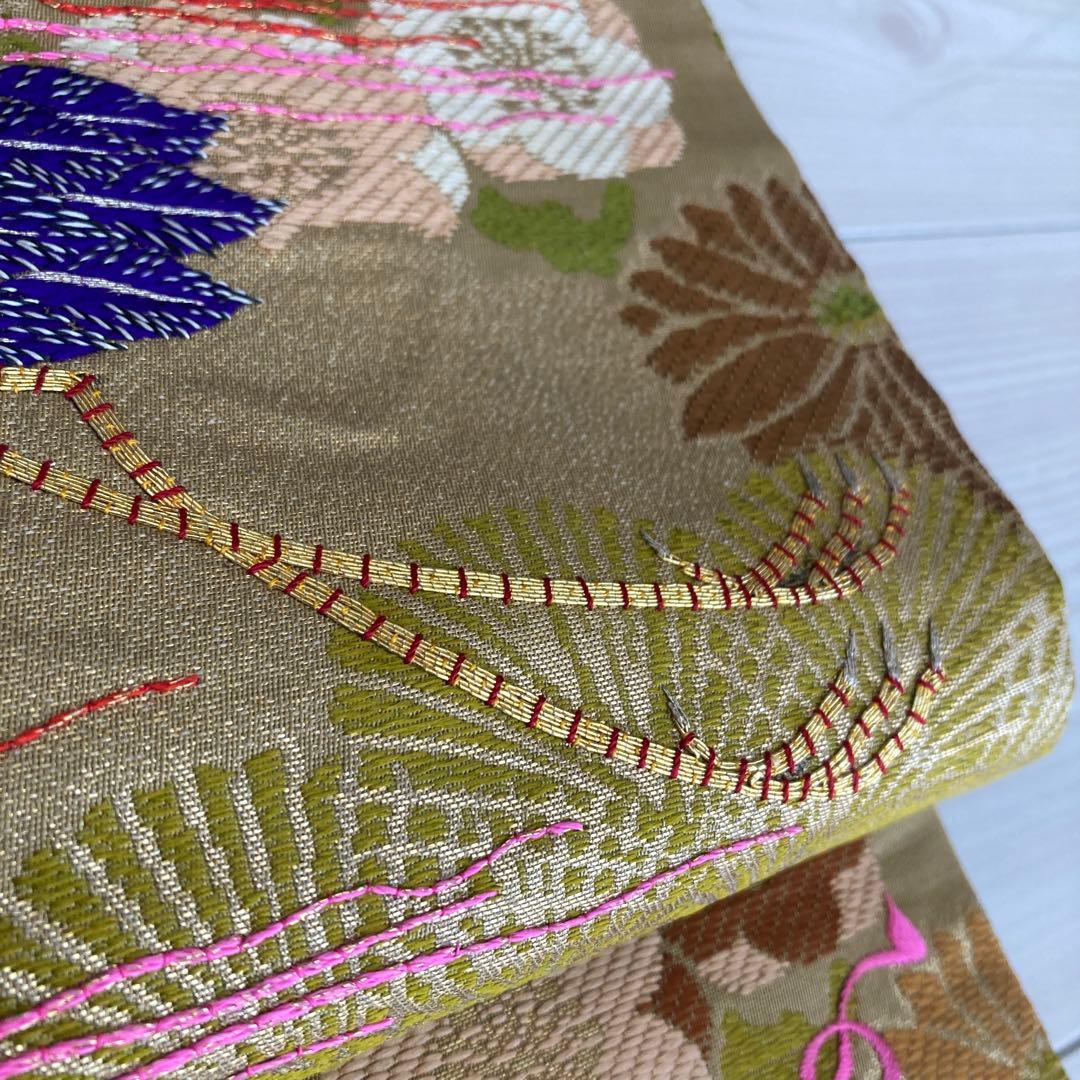 アンティーク名古屋帯　鶴の刺繍　金駒刺繍　上質　正絹　No.2-24