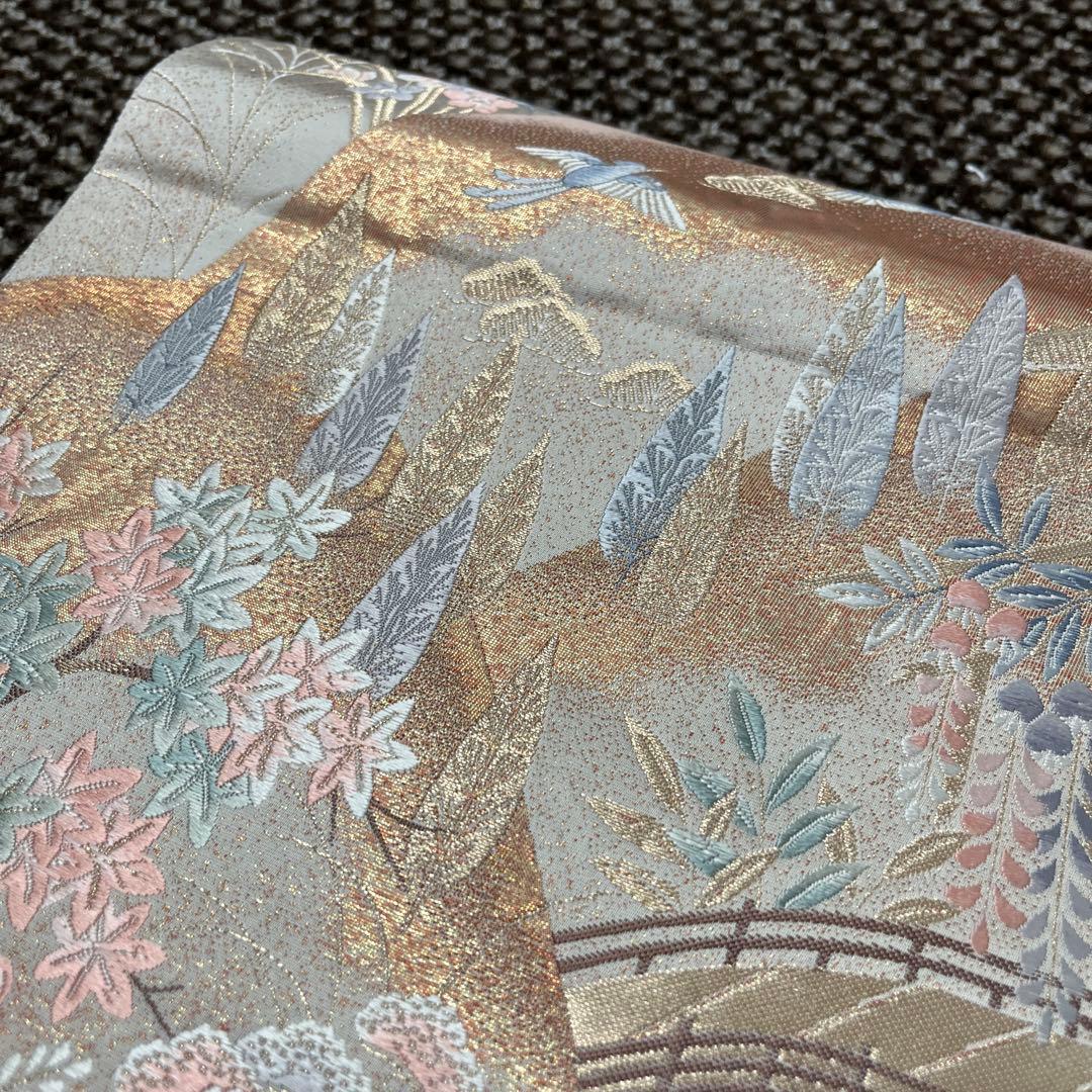極美品】正絹 袋帯 豪華金糸 御所車・四季の花々 六通 訪問着・色無地