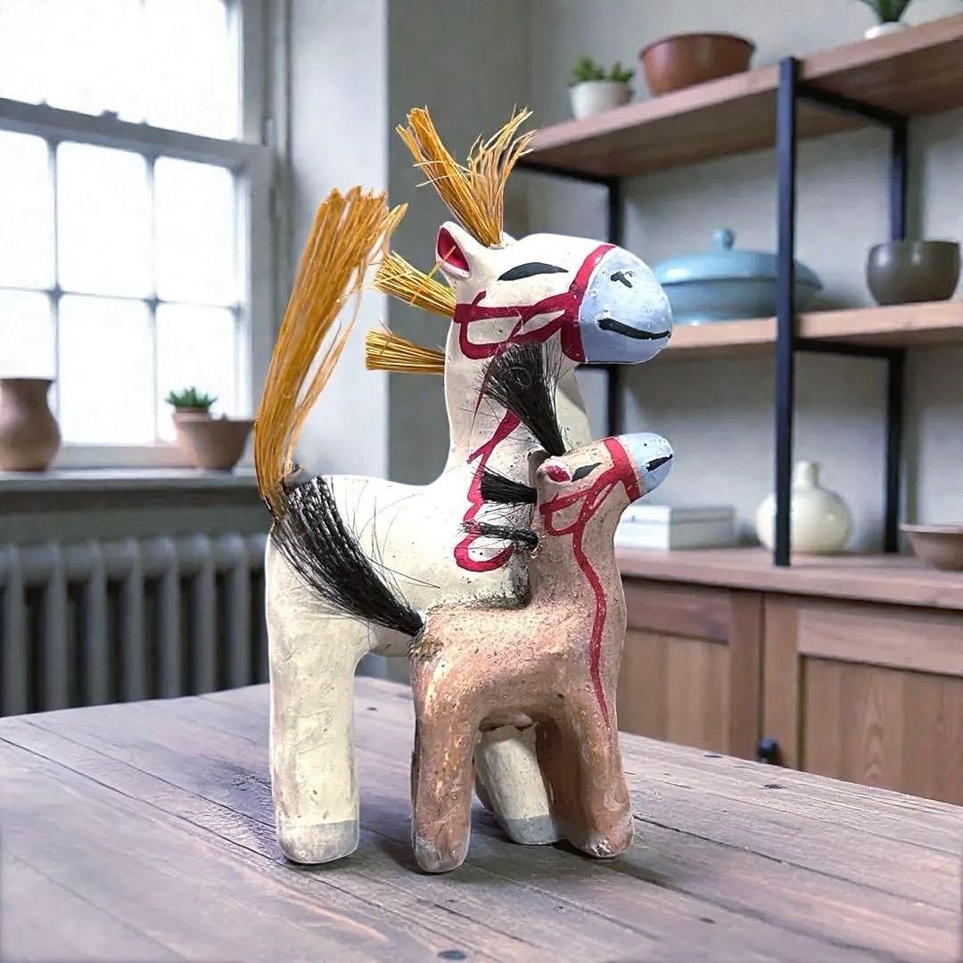 古玩 青森県郷土玩具 親子馬 手びねり土人形 午年干支飾り 民藝 廃絶品