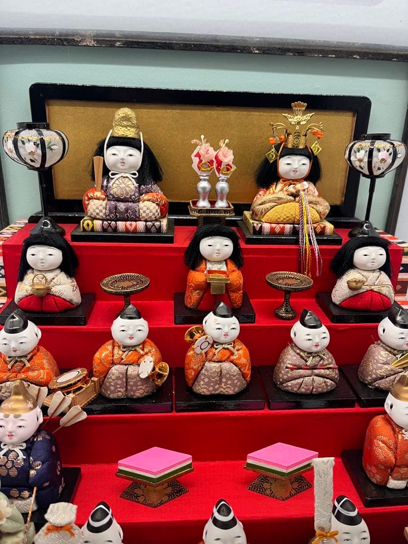 ひな人形 アンティーク 木目込み 豆雛 十五人揃え ガラスケース 15人