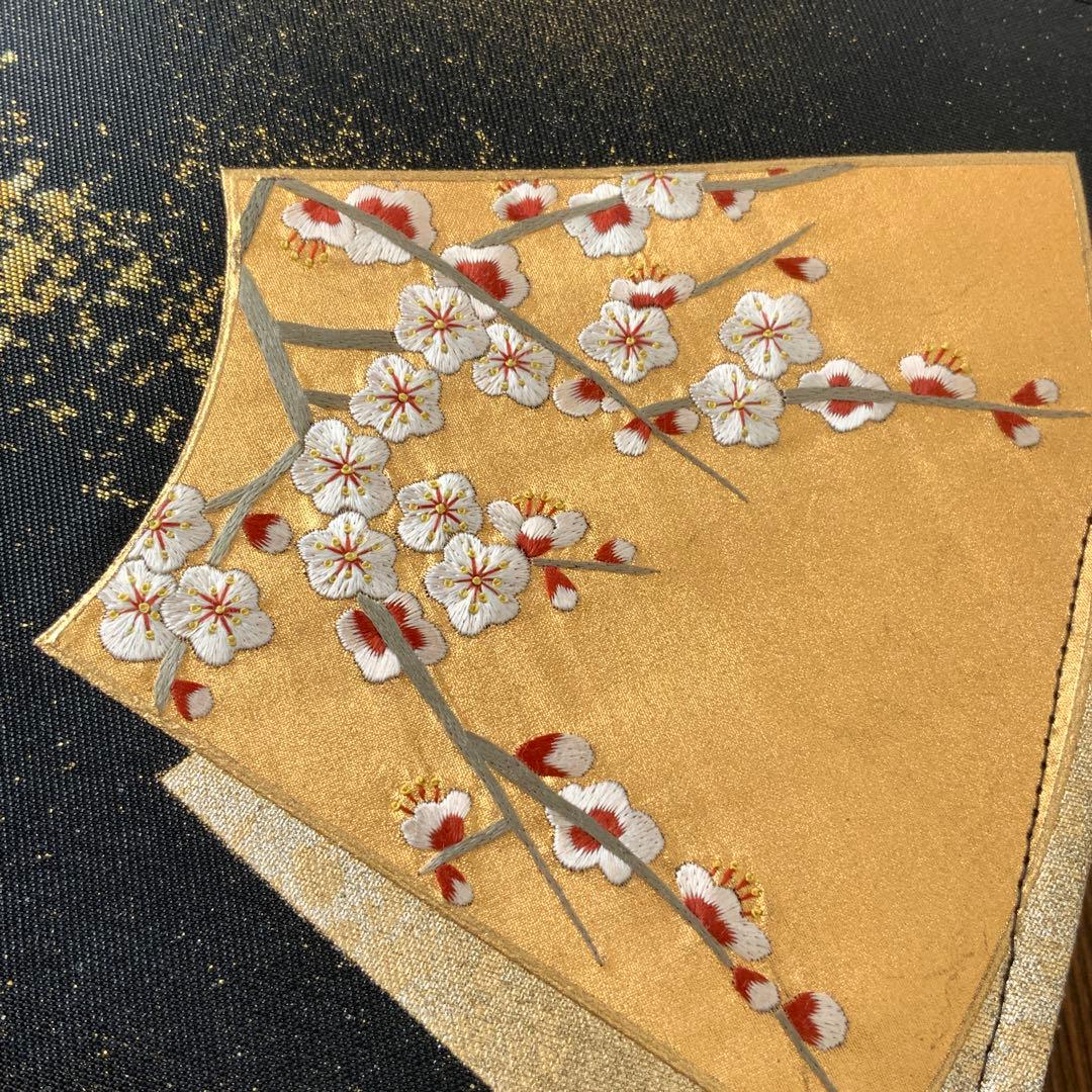 きらめく扇面に刺繍の白梅 袋帯 リメイク バンブーハンドルバッグ 浅型