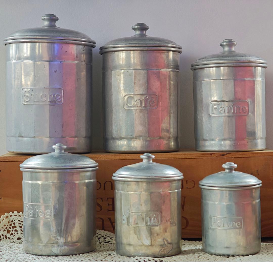 40年代フランスヴィンテージ アルミキャニスター 6点セット　フランス製刻印あり フランス アンティーク ヴィンテージ アルミ製 キャニスター 6個セット