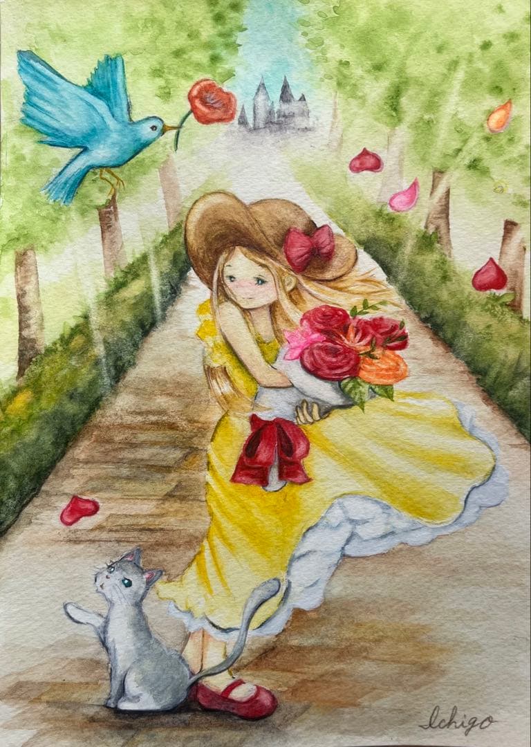 手描きイラスト 原画 水彩画 「風に舞って」 - メルカリ