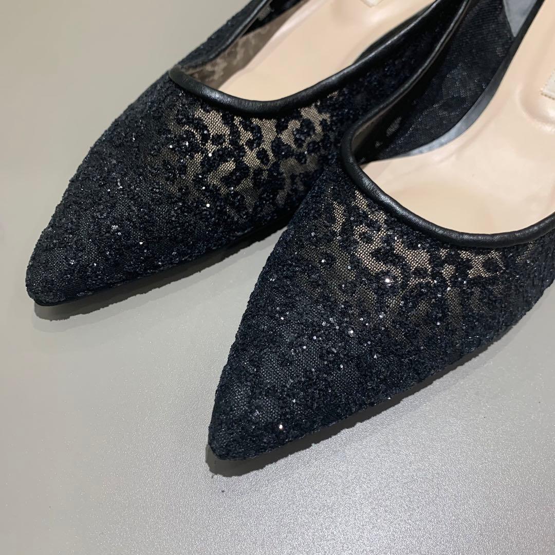 美品✨DIANA グリッター チュール パンプス ブラックラメ 24.5cm
