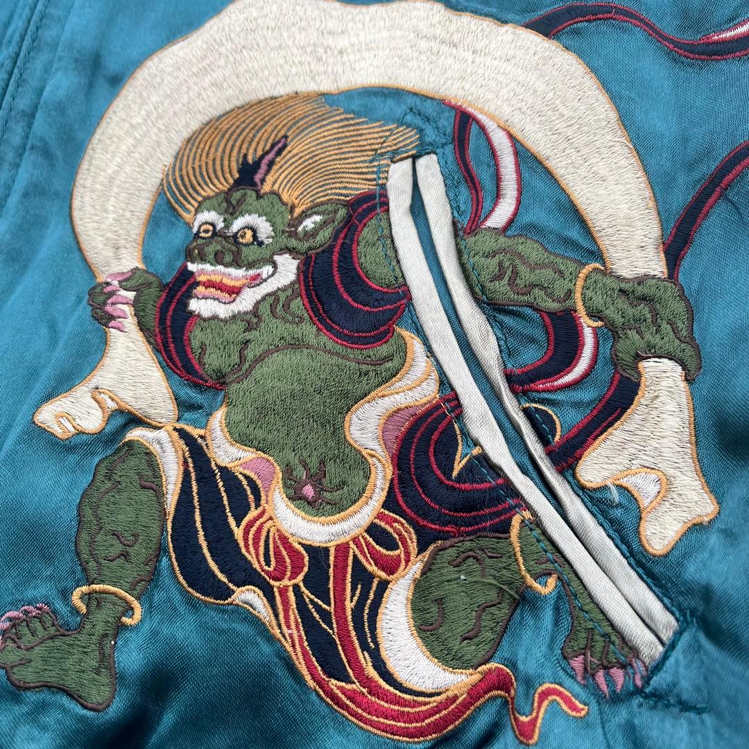 Pin Ball 風神雷神、刺繍 リバーシブル サテンスカジャン 赤 緑