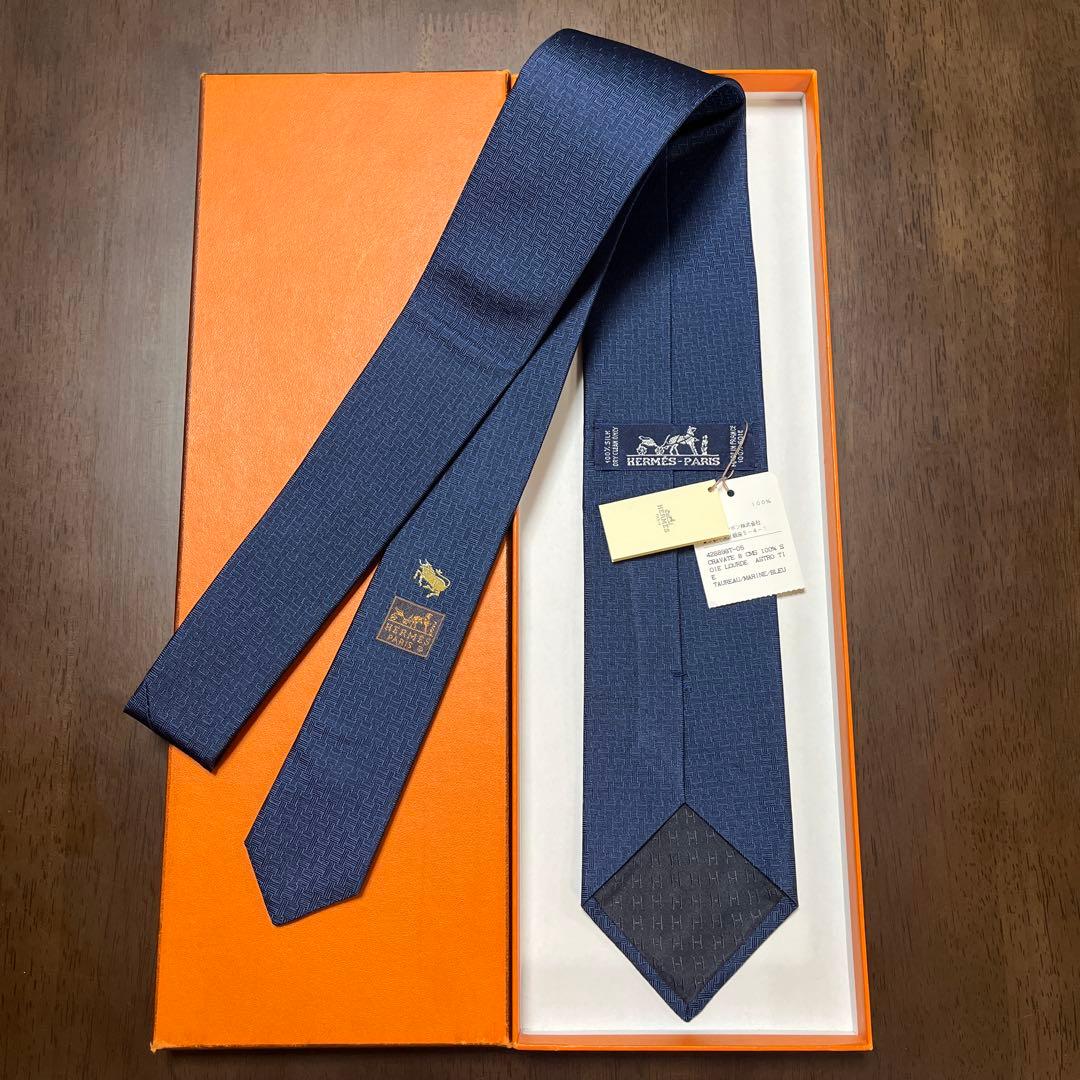 未使用タグ付 箱・袋付 エルメス ネクタイ 紺 H柄H織 ファソネ 星座柄