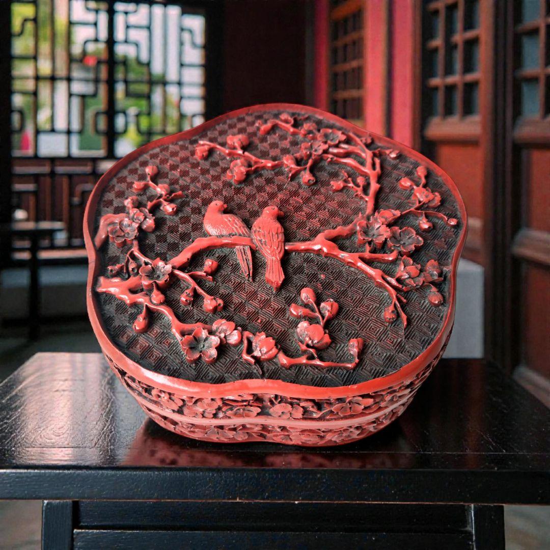 中国 堆朱 剔紅 漆彫 小物入れ 箱 鳥と梅 直径13.5cm - メルカリ