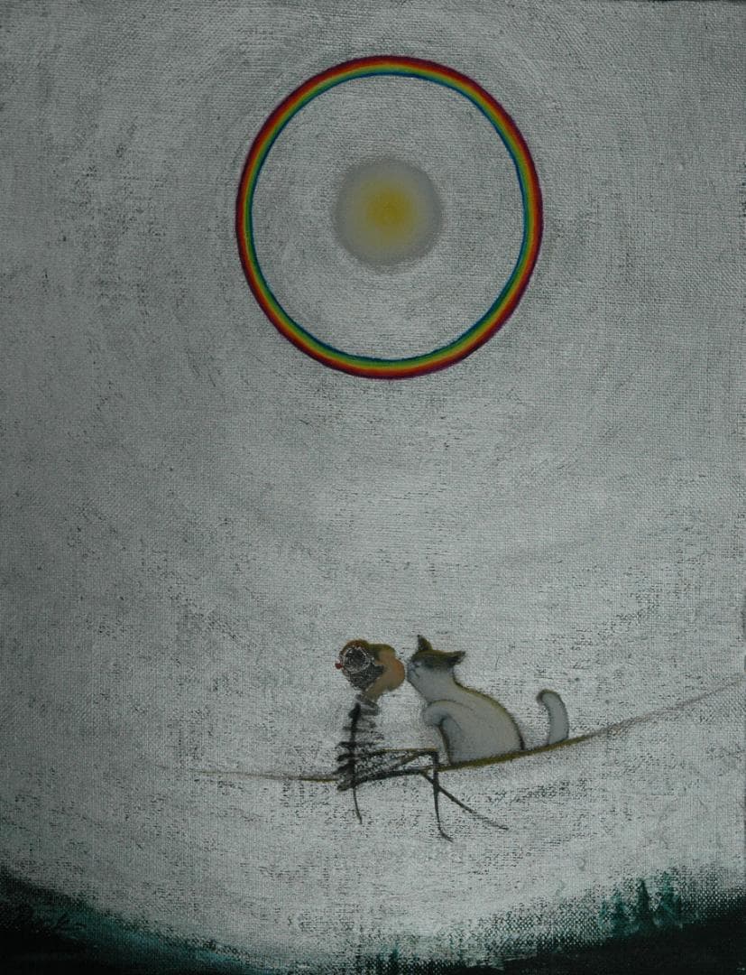 油絵 菅家令子絵 絵画インテリア額付(青緑＋金色の枠)F3-031019猫