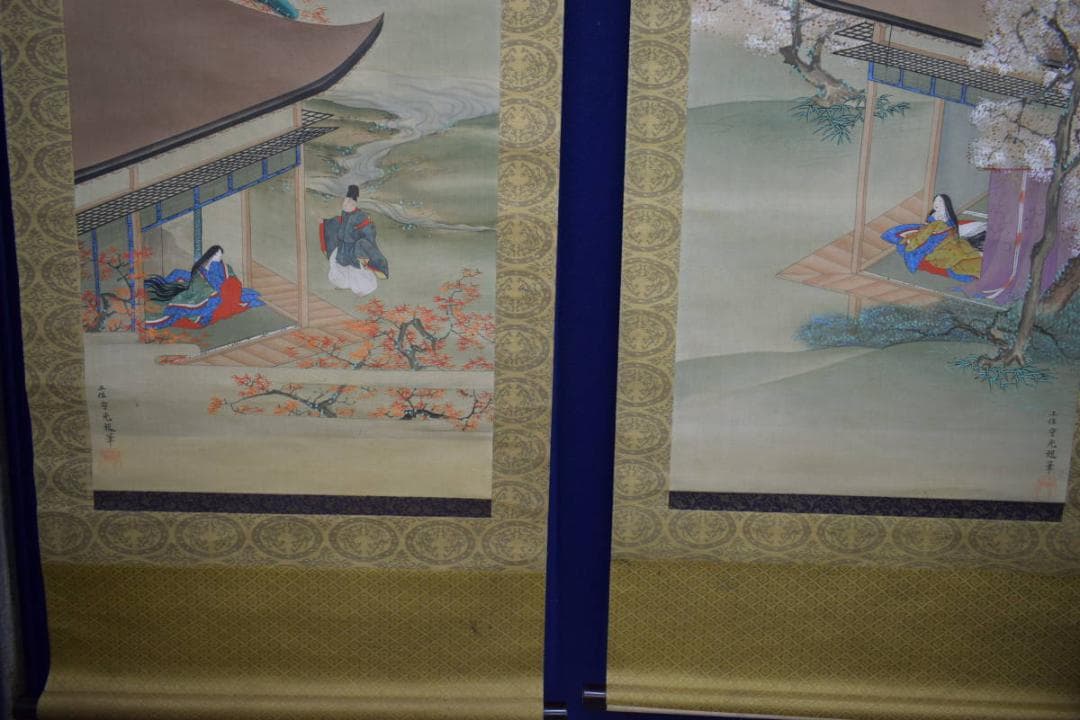 土佐光起/大和絵/人物図/桜花/紅葉/双幅/杉塗箱付/布袋屋掛軸HJ-474