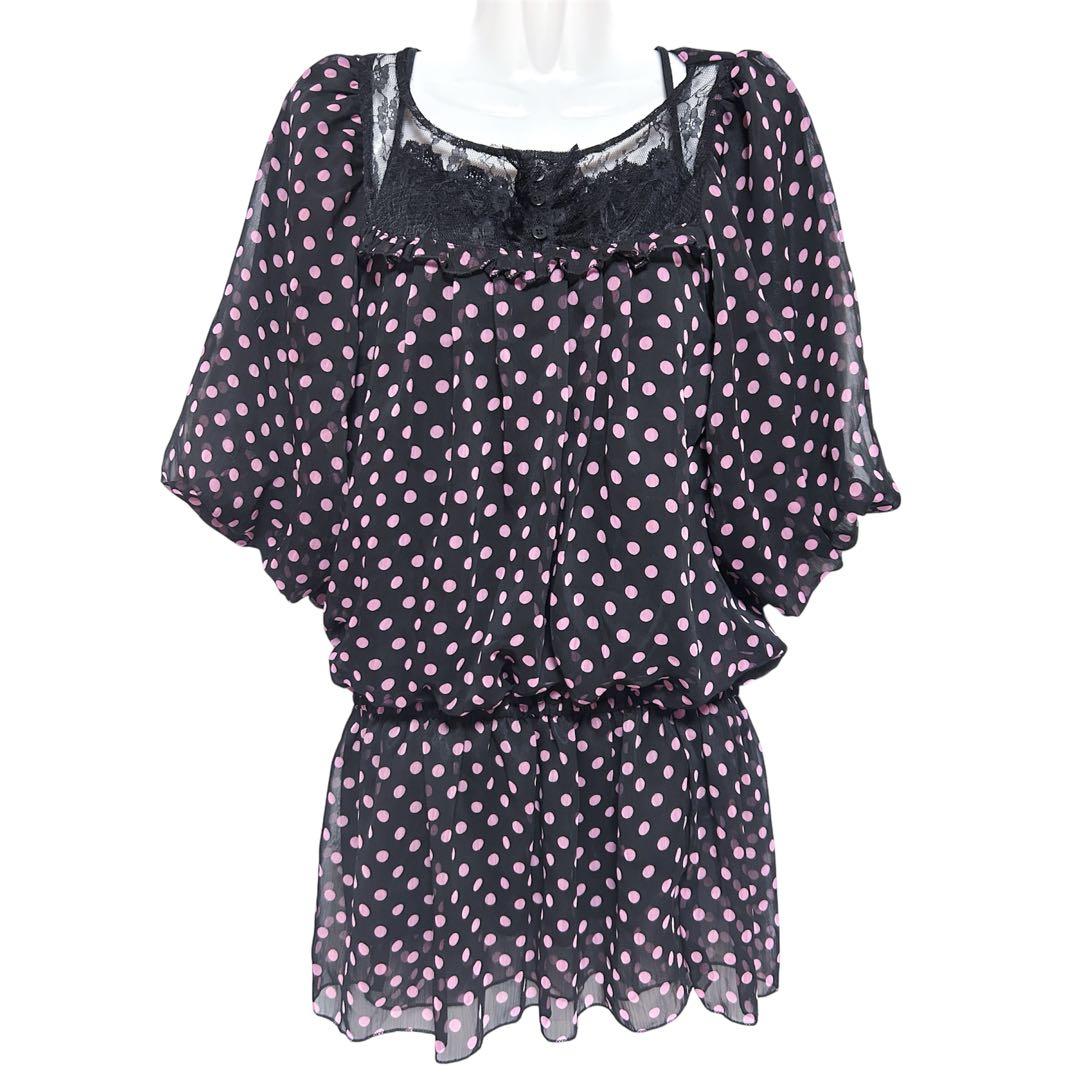 新品】ピンク 黒 Y2K 平成ギャル 姫ギャル 姫系 ❤︎ ドット柄