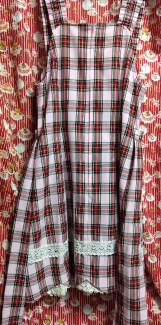 裾スカラップ タータンチェック ジャンパースカート ピンク【訳あり