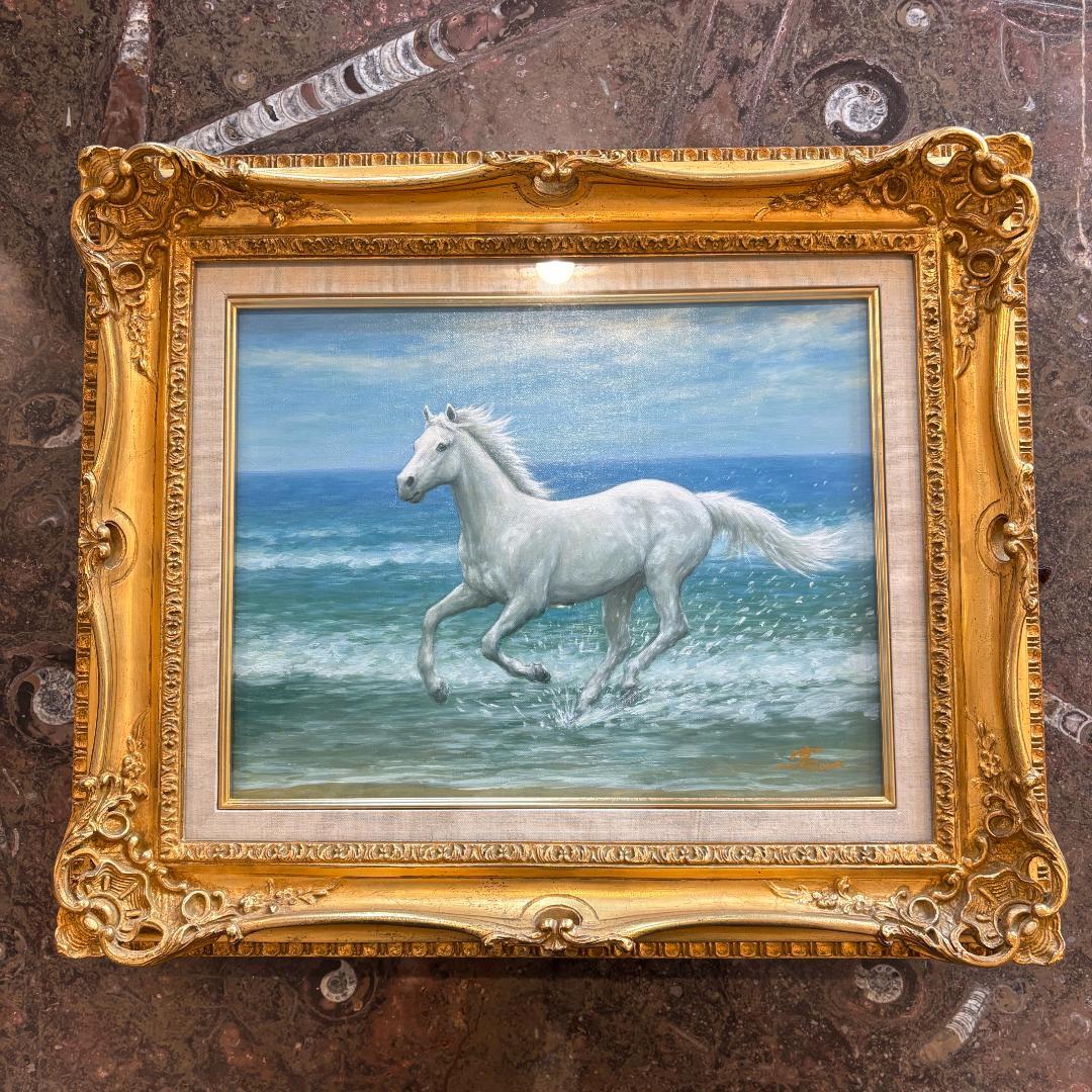 【箱付き・F6号】松岡克作 油絵「渚の白い馬」 海辺を駆ける白馬 額装 箱付き・F6号】松岡克作 油絵「渚の白い馬」 海辺を駆ける白馬 額装