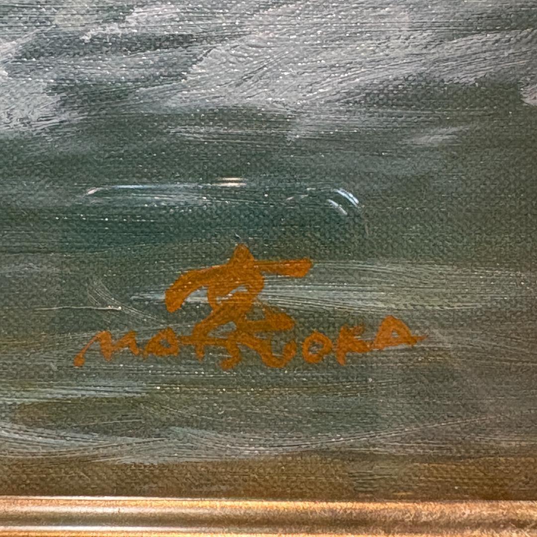 箱付き・F6号】松岡克作 油絵「渚の白い馬」 海辺を駆ける白馬 額装