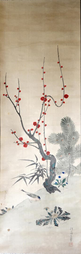 絹本双幅 酒井抱一 「紅梅小禽雪中雀図二幅対」三つ葉葵表装 共箱 掛軸