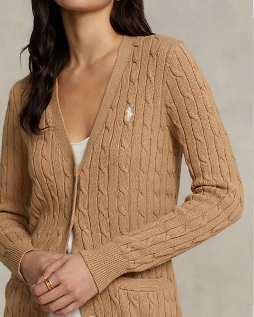 ラルフローレン ケーブルニット カーディガン ベージュ×白ポニー L