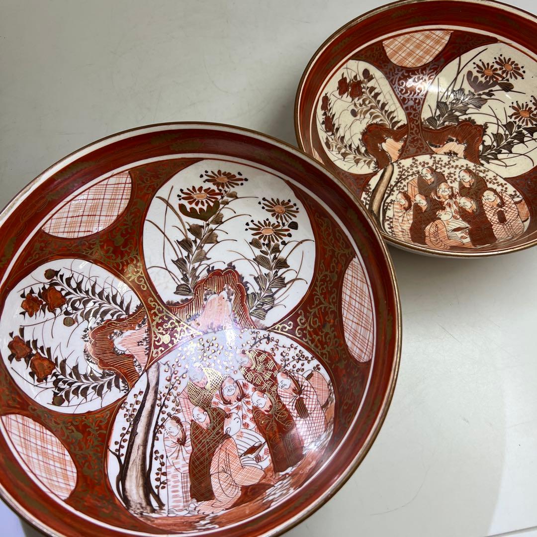 明治初期　九谷焼　赤絵人物画鉢大小　口径約21.5/18.5㎝東Y8-0123① 明治初期 九谷焼 赤絵人物画鉢大小 口径約21.5/18.5㎝東Y8-0123① 明治