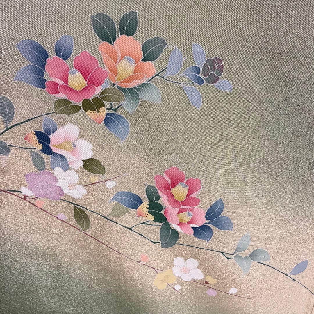 D311 訪問着 手描き友禅 花模様 正絹 着物 袷 しつけ糸付き未使用極美