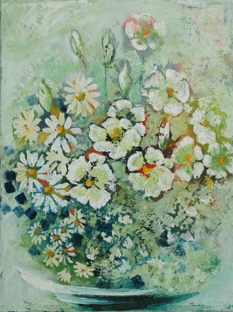 油絵 菅家令子 絵 絵画インテリア 額付(青緑＋金色の枠)uF6-112802花