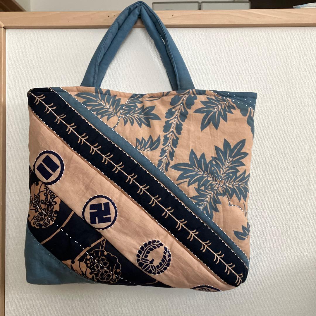 手拭いリメイク 古布 ハンドメイド 柿渋染め トートバッグ 柿渋染め