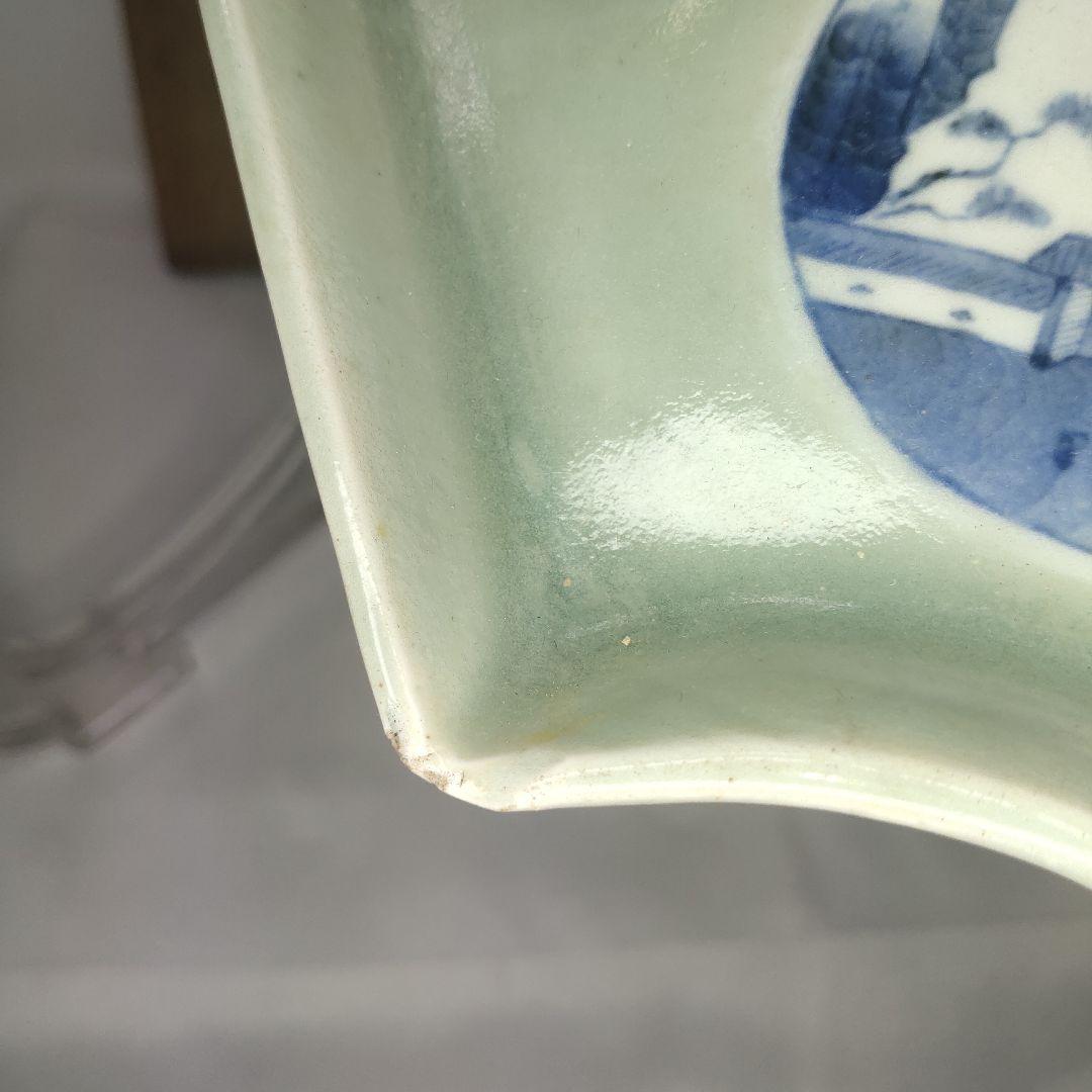 扇型皿 青磁に染付 山水図 幕末骨董 旧家蔵出し コレクター放出美