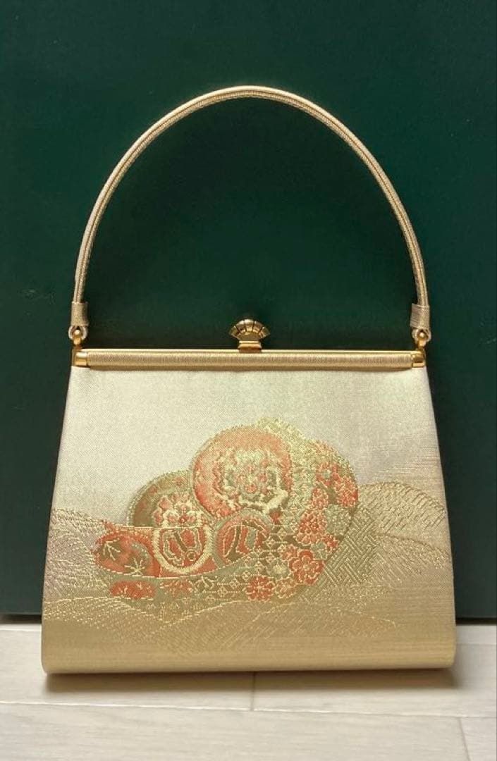 《美品・箱付き》佐賀錦　草履バッグセット　東京芝山　正絹　ゴールド　厚底