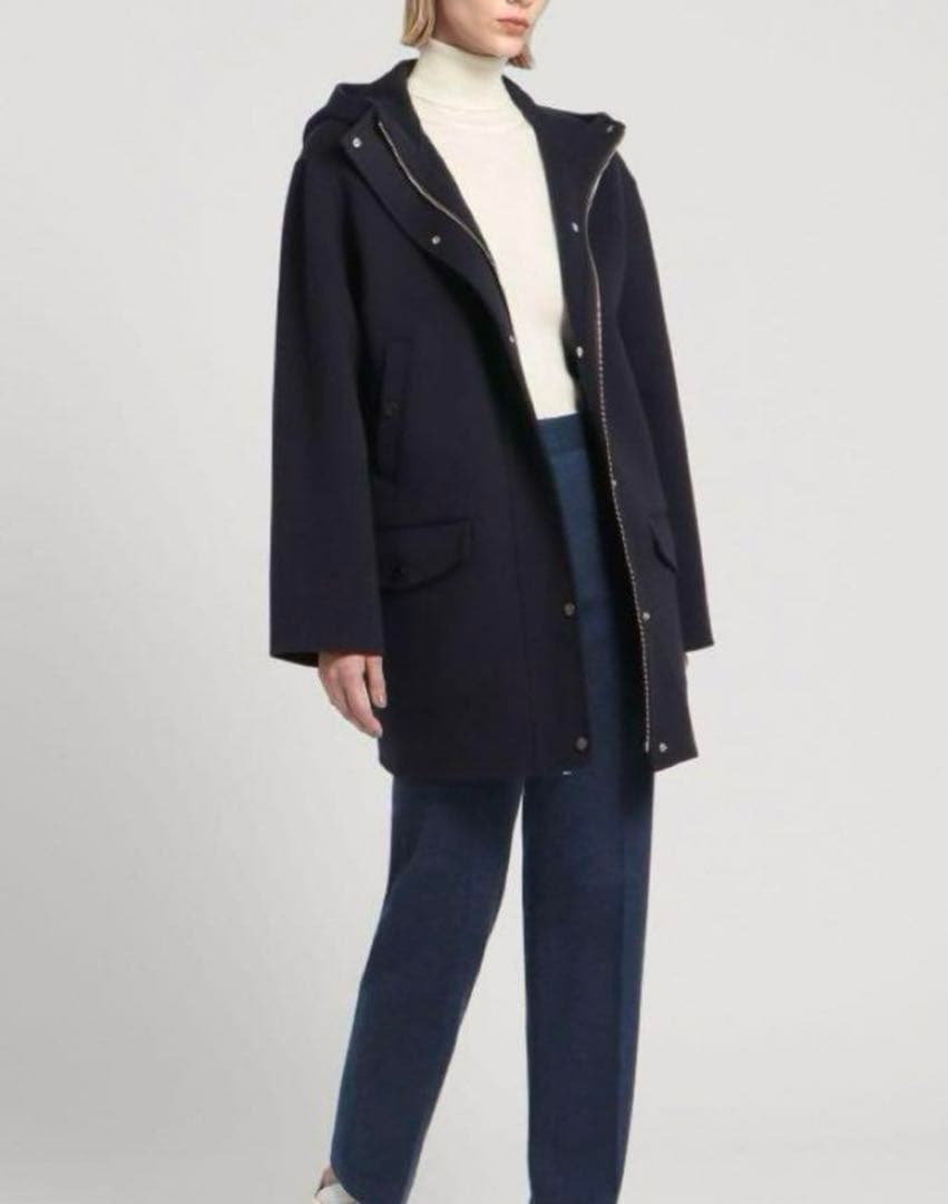 23AW✨セオリー ウールカシミヤ フーデッドコート ダブルフェイス 紺 P ウールカシミヤダブルフェイス Pコート | GALERIE VIE (Women