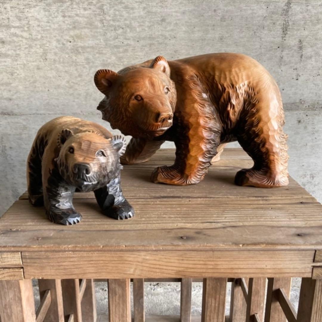 熊 中井作 木彫り 彫刻 置物 オブジェ 和風 民芸 インテリア 2点